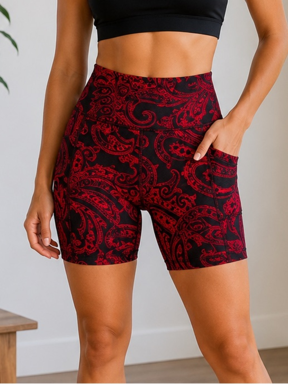 K-DEER Paisley Print Compression Shorts Women’s Large Red Black Athletic